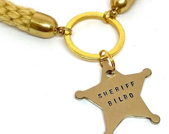 Dog tag, pet ID tag, dog name tag, dog ID tag keyring, brass, personalised, hand stamped, gift for dog lover, Sheriff badge, Western, Cowboy