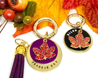 Dog ID tag, Pet ID tag-Dog tag, Pet name tag, Keyring, Hand stamped, Engraved, Personalised, Gift for dog, Autumn, Fall, Maple leaf, Canada