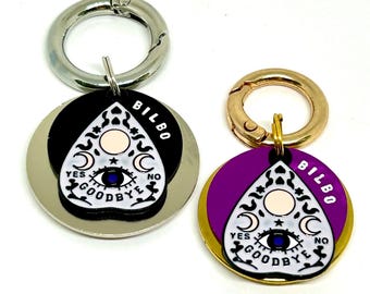 Dog ID tag Pet ID tag Dog tag Pet name tag  Keyring Hand stamped Personalised Gift for pet Halloween dog tag Spooky Planchette Ouija