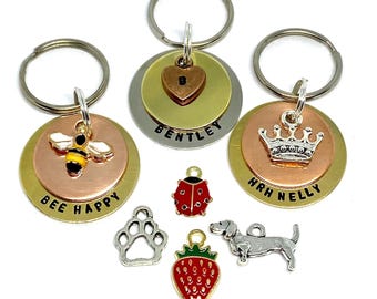 Dog tag, pet ID tag, dog name tag, dog ID tag keyring, brass, nickel, personalised, hand stamped, gift for dog lover, puppy ID Tag, cat tag