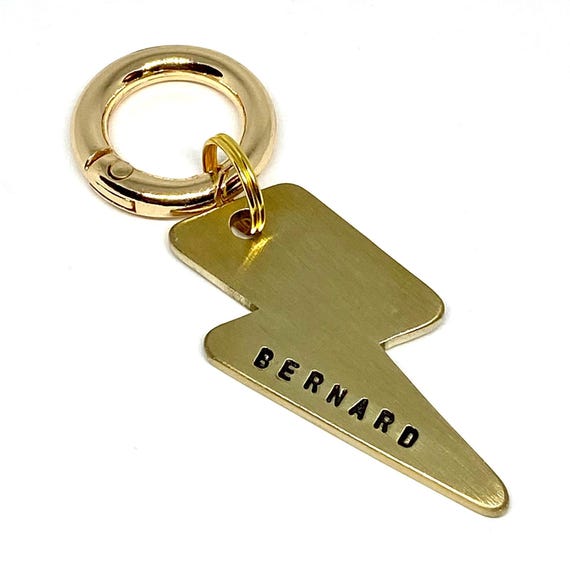 Dog tag, pet ID tag, dog name tag, dog ID tag keyring, brass, personalised, hand stamped, gift for dog lover, thunder bolt, lightning, Bowie