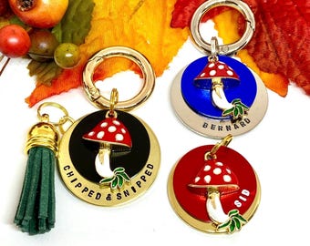 Dog ID tag, Pet ID tag-Dog tag, Pet name tag, Keyring, Hand stamped, Engraved, Personalised, Gift for dog, Toadstool, Mushroom, Autumn