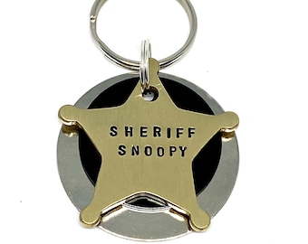 Dog tag, pet ID tag, dog name tag, dog ID tag keyring, brass, nickel, personalised, hand stamped, gift for dog lover, Sheriff badge, Cowboy