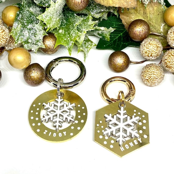 Dog tag, pet ID tag, dog name tag, dog ID tag keyring, brass, personalised, hand stamped, gifts for dog lovers, snowflake, winter, Christmas