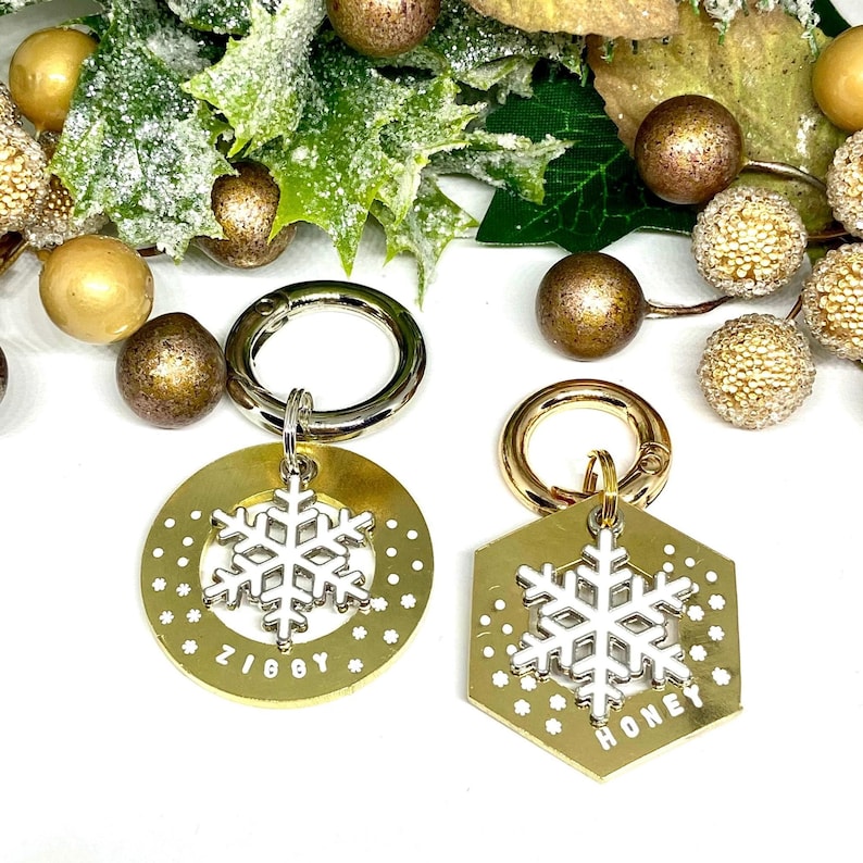 May include: Two gold-colored dog tags with snowflake charms. The tag on the left says "Ziggy" and the tag on the right says "Honey".