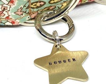 Dog tag, pet ID tag, dog name tag, dog ID tag keyring, brass, personalised, hand stamped, gift for dog lover, star, brushed brass