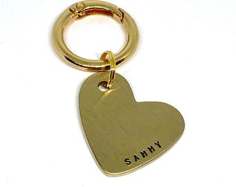 Dog tag, pet ID tag, dog name tag, dog ID tag keyring, brass, nickel, personalised, hand stamped, gift for dog lover, heart, love, valentine