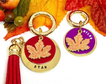 Dog ID tag, Pet ID tag-Dog tag, Pet name tag, Keyring, Hand stamped, Engraved, Personalised, Gift for dog, Maple leaf, Autumn, Fall, Canada