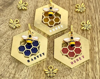 Dog tag, pet ID tag, dog name tag, dog ID tag keyring, brass, personalised, hand stamped, gift for dog lover, hexagon, honeycomb, bee summer