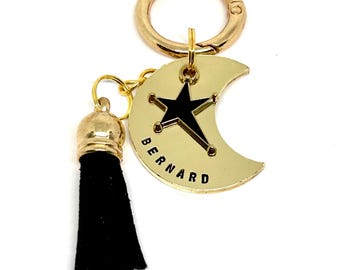 Dog tag, pet ID tag, dog name tag, dog ID tag keyring, brass, personalised, hand stamped, gift for dog lover, moon, crescent moon, star