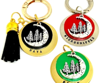 Dog ID tag Pet ID tag Dog tag Pet name tag  Keyring Hand stamped Engraved Personalised Gift for pet Forest dog tag Autumn ID Tag Fall moon