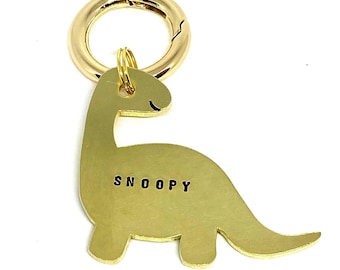 Dog tag, pet ID tag, dog name tag, dog ID tag keyring, brass, personalised, hand stamped, gift for dog lover, dinosaur, brontosaurus, cute
