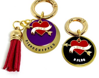 Dog tag, pet ID tag, dog name tag, dog ID tag keyring, brass, personalised, hand stamped, gift for dog lover, tattoo style, heart, red