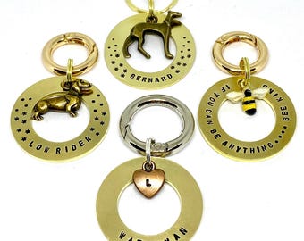 Dog tag, pet ID tag, dog name tag, dog ID tag keyring, brass, personalised, hand stamped, gift for dog lover, washer, greyhound, dachshund