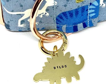 Dog tag, pet ID tag, dog name tag, dog ID tag keyring, brass, personalised, hand stamped, gift for dog lover, dinosaur, stegosaurus, cute