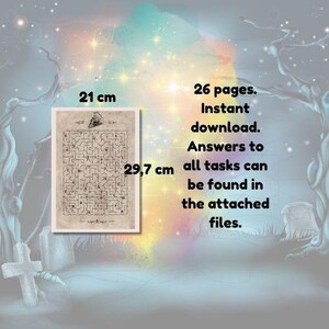 May include: A printable maze activity with 26 pages. The maze is on a vintage-style paper background with a brown border. The maze is 21 cm wide and 29.7 cm tall. The text "26 pages. Instant download. Answers to all tasks can be found in the attached files." is in black text on a white background.