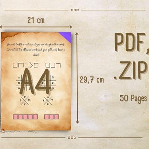 May include: A brown paper page with the text "You will find the next clue if you can decipher the words. Connect all the obtained words and your path will become clear!" and "A4" in large letters. The page is 21 cm by 29.7 cm and is part of a 50-page PDF and ZIP file.