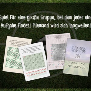 May include: A set of four game cards with different puzzles, including a maze, a word search, a crossword puzzle, and a code-breaking puzzle. The text on the cards reads "Spiel f&uuml;r eine gro&szlig;e Gruppe, bei dem jeder eine Aufgabe findet! Niemand wird sich langweilen!" which translates to "Game for a large group, where everyone finds a task! No one will be bored!"