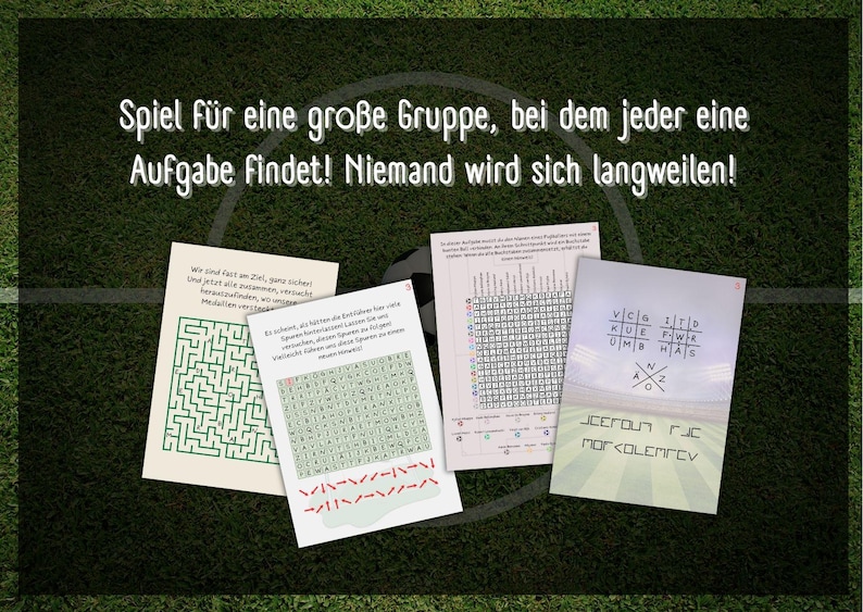 May include: A set of four game cards with different puzzles, including a maze, a word search, a crossword puzzle, and a code-breaking puzzle. The text on the cards reads "Spiel f&uuml;r eine gro&szlig;e Gruppe, bei dem jeder eine Aufgabe findet! Niemand wird sich langweilen!" which translates to "Game for a large group, where everyone finds a task! No one will be bored!"