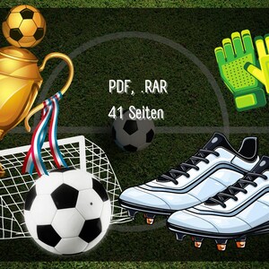 May include: A gold trophy with a soccer ball on top, a soccer ball, a soccer goal, a pair of green soccer gloves, and a pair of white soccer cleats on a green field. The text "PDF, .RAR 41 Seiten" is visible in the image.