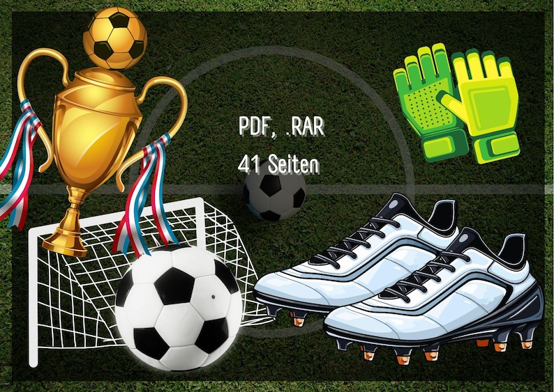 May include: A gold trophy with a soccer ball on top, a soccer ball, a soccer goal, a pair of green soccer gloves, and a pair of white soccer cleats on a green field. The text "PDF, .RAR 41 Seiten" is visible in the image.