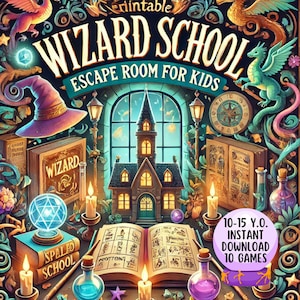 Pode incluir: Um jogo de escape room imprimível para crianças com tema de escola de magia. A imagem mostra um castelo, um livro, uma bola de cristal e velas. O texto na imagem diz "Wizard School Escape Room for Kids" e "10-15 Y.O. Instant Download 10 Games".
