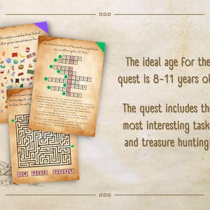 May include: A set of three printable activity sheets for kids. The sheets feature a word search, a maze, and a find the words puzzle. The text on the sheets reads "Find the letters and form words from them. Find out what words other groups have found and become the winner!" and "How to find the treasure? Use the magnificent words and count their letters together. Follow the instructions."