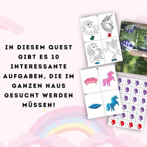 May include: A colorful unicorn-themed scavenger hunt game with instructions that say "In this quest there are 10 interesting tasks that need to be searched for in the whole house!"