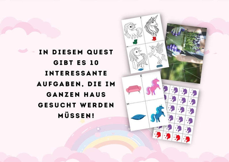 May include: A colorful unicorn-themed scavenger hunt game with instructions that say "In this quest there are 10 interesting tasks that need to be searched for in the whole house!"