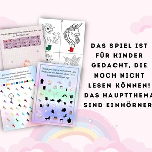 May include: Four printable game cards featuring a unicorn theme. The cards include a find the difference game, a color matching game, a shadow matching game, and a connect the dots game. The text on the cards reads "Das Spiel ist f&uuml;r Kinder gedacht, die noch nicht lesen k&ouml;nnen! Das Hauptthema sind Einh&ouml;rner."