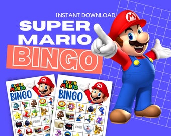 May include: Two printable Super Mario Bingo cards featuring various characters from the Super Mario video game franchise. The cards are white with red and black text.  The cards are next to a cartoon image of Super Mario, who is wearing his signature red hat and blue overalls.  The background is a purple grid.