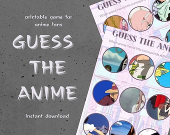 May include: Printable game for anime fans. Guess the anime movie title that corresponds with the image. The game features a variety of anime characters and scenes.