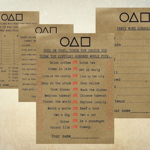 Puede incluir: Un juego de fiesta imprimible con un fondo marr&oacute;n y el texto "This or That. Check the choice you think the birthday honoree would pick." El juego incluye una serie de preguntas con dos opciones para cada pregunta. Las opciones est&aacute;n marcadas con c&iacute;rculos. El juego tambi&eacute;n incluye una secci&oacute;n para una palabra de scramble de fiesta.