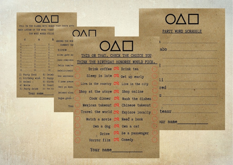 Puede incluir: Un juego de fiesta imprimible con un fondo marr&oacute;n y el texto "This or That. Check the choice you think the birthday honoree would pick." El juego incluye una serie de preguntas con dos opciones para cada pregunta. Las opciones est&aacute;n marcadas con c&iacute;rculos. El juego tambi&eacute;n incluye una secci&oacute;n para una palabra de scramble de fiesta.