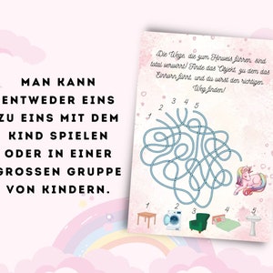 May include: A colorful maze with a unicorn at the end. The maze has five paths, each numbered 1 through 5. The text at the top of the maze says "The paths that lead to the clues are totally mixed up! Find the object that the unicorn leads to, and you will find the right path!"