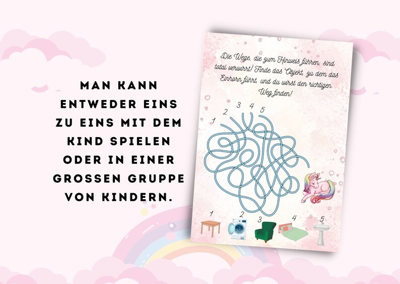 May include: A colorful maze with a unicorn at the end. The maze has five paths, each numbered 1 through 5. The text at the top of the maze says "The paths that lead to the clues are totally mixed up! Find the object that the unicorn leads to, and you will find the right path!"