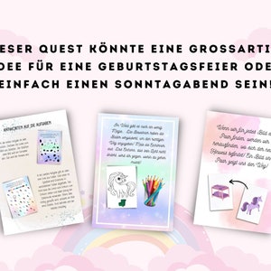 May include: Three colorful cards with instructions for a unicorn-themed quest. The first card has a grid of black and white squares with instructions to color them in. The second card has a black and white unicorn with instructions to color it in. The third card has a picture of a unicorn and a cage with instructions to find the matching pair.