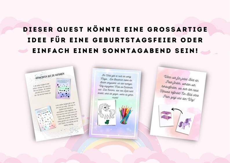 May include: Three colorful cards with instructions for a unicorn-themed quest. The first card has a grid of black and white squares with instructions to color them in. The second card has a black and white unicorn with instructions to color it in. The third card has a picture of a unicorn and a cage with instructions to find the matching pair.
