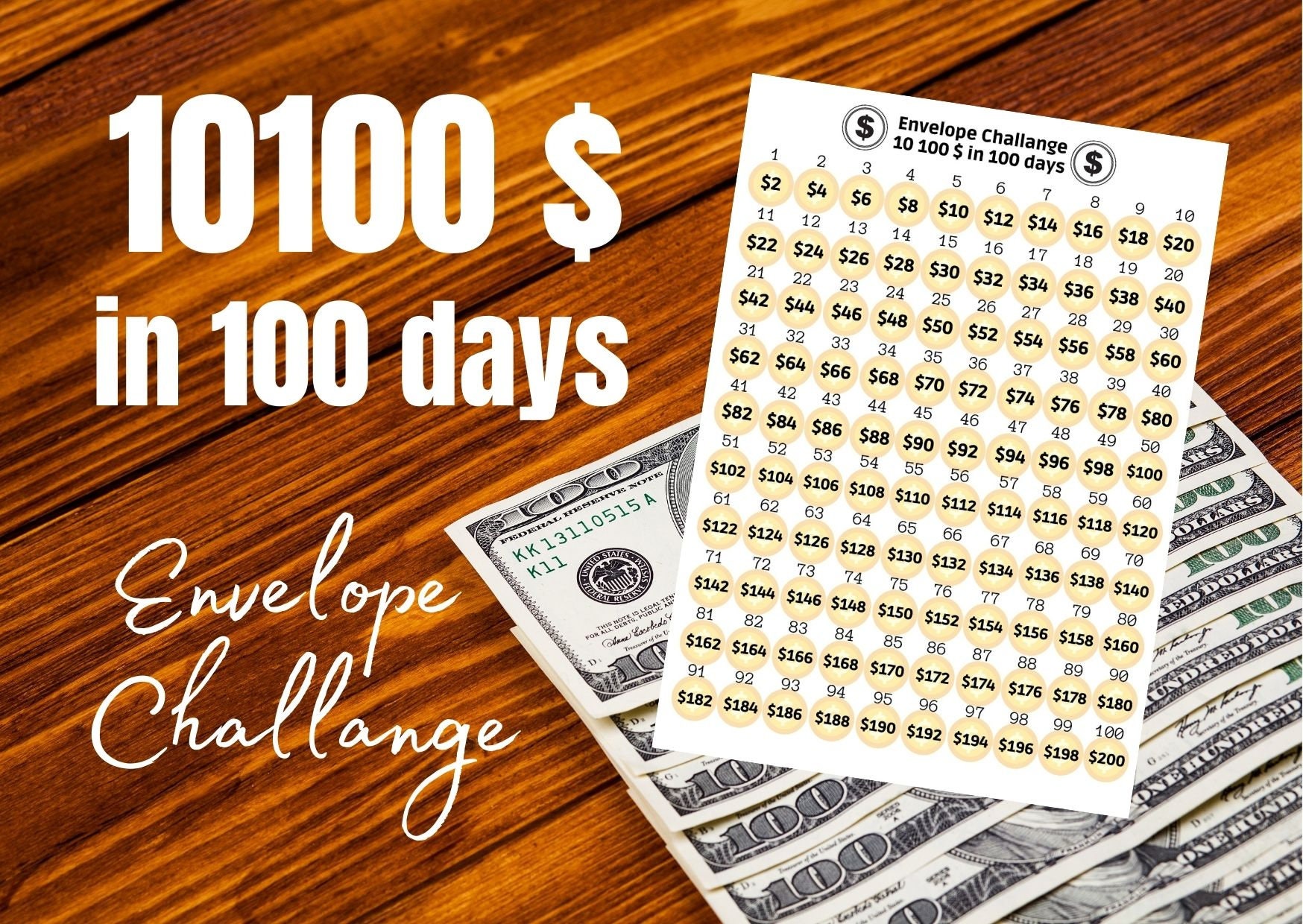 100 enveloppes Défi d'économie d'argent, Enveloppes de trésorerie