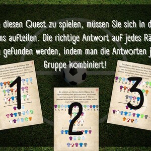 May include: Three colorful cards with numbers 1, 2, and 3 on them. Each card has a grid of soccer jerseys with words in German. The text on the cards reads: "Um diesen Quest zu spielen, m&uuml;ssen Sie sich in drei Teams aufteilen. Die richtige Antwort auf jedes R&auml;tsel kann gefunden werden, indem man die Antworten jeder Gruppe kombiniert!"