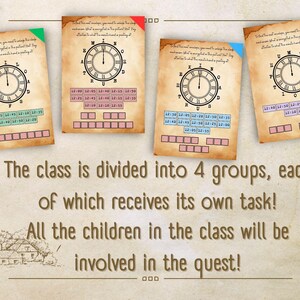 May include: Four vintage-style cards with a clock face and numbers around the edge. Each card has a different colored border and a different set of numbers. The text on the cards reads: "Think and imagine, you can't escape the trap, remember what is encrypted on the perfect day, solution is the word and the number is a pathway".