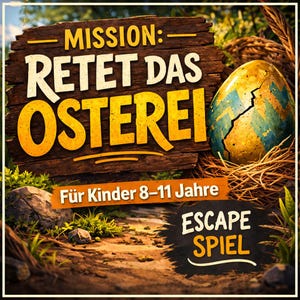May include: A wooden sign with the text "MISSION: RETET DAS OSTEREI" in white and yellow, with the words "ESCAPE SPIEL" below. A large cracked egg is in a nest. The sign also says "Für Kinder 8-11 Jahre".