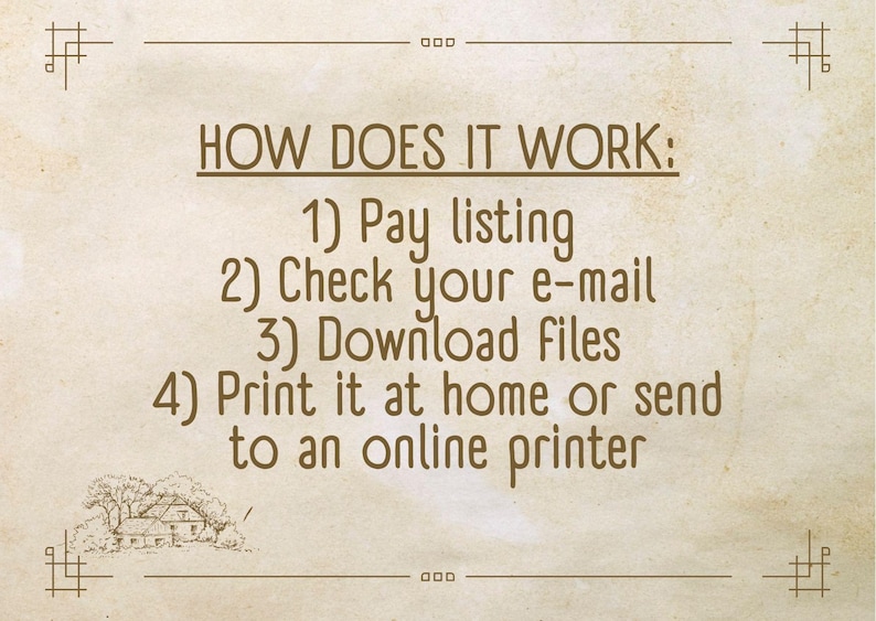 May include: A digital download guide with instructions on how to purchase, download, and print a printable. The text reads: "HOW DOES IT WORK: 1) Pay listing 2) Check your e-mail 3) Download files 4) Print it at home or send to an online printer"