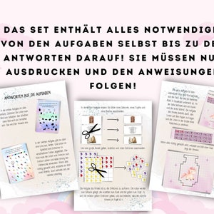 May include: A set of printable activity sheets for kids featuring a unicorn theme. The sheets include instructions, tasks, and answer keys. The text on the sheets reads "Das Set enth&auml;lt alles Notwendige: Von den Aufgaben selbst bis zu den Antworten darauf! Sie m&uuml;ssen nur ausdrucken und den Anweisungen folgen!"