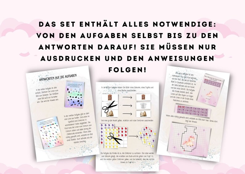 May include: A set of printable activity sheets for kids featuring a unicorn theme. The sheets include instructions, tasks, and answer keys. The text on the sheets reads "Das Set enth&auml;lt alles Notwendige: Von den Aufgaben selbst bis zu den Antworten darauf! Sie m&uuml;ssen nur ausdrucken und den Anweisungen folgen!"