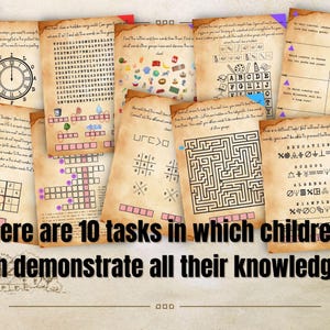 May include: A set of 10 printable activity pages for children. The pages feature a variety of puzzles and games, including a word search, a maze, a code-breaking puzzle, and a clock puzzle. The pages are designed to help children develop their problem-solving skills and critical thinking abilities. There are 10 tasks in which children can demonstrate all their knowledge!