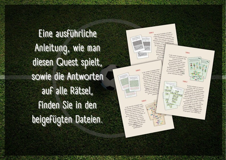 May include: A close-up of a set of instructions for a quest game. The instructions are printed on cream-colored paper with black text. The text states that a detailed guide and answers to all the riddles can be found in the attached files.
