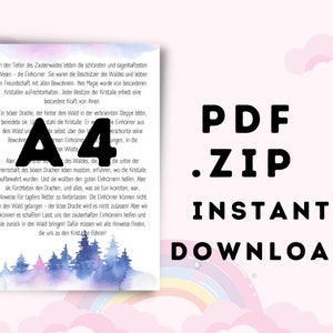 May include: A4 printable PDF download for a children's story about a unicorn and a dragon. The text is in German and the image is a watercolor illustration of a forest with blue and purple hues.