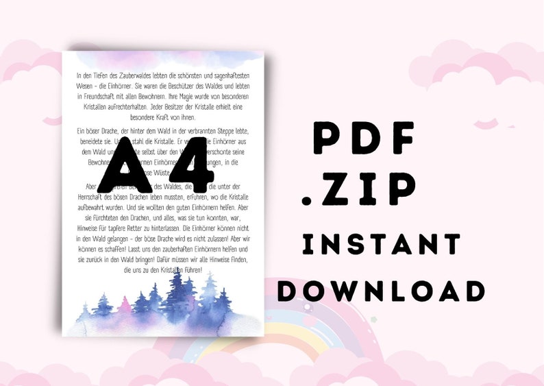 May include: A4 printable PDF download for a children's story about a unicorn and a dragon. The text is in German and the image is a watercolor illustration of a forest with blue and purple hues.
