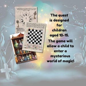 May include: A whimsical illustration of a magical quest for children aged 10-15. The image features a clock, a potion shelf, and a chessboard, suggesting a game filled with puzzles and challenges.